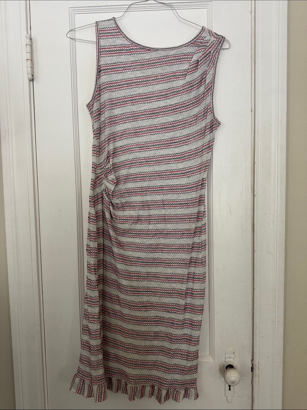 Max Studio Red, Cream & Black Striped Sleeveless Midi Dress with Fringe